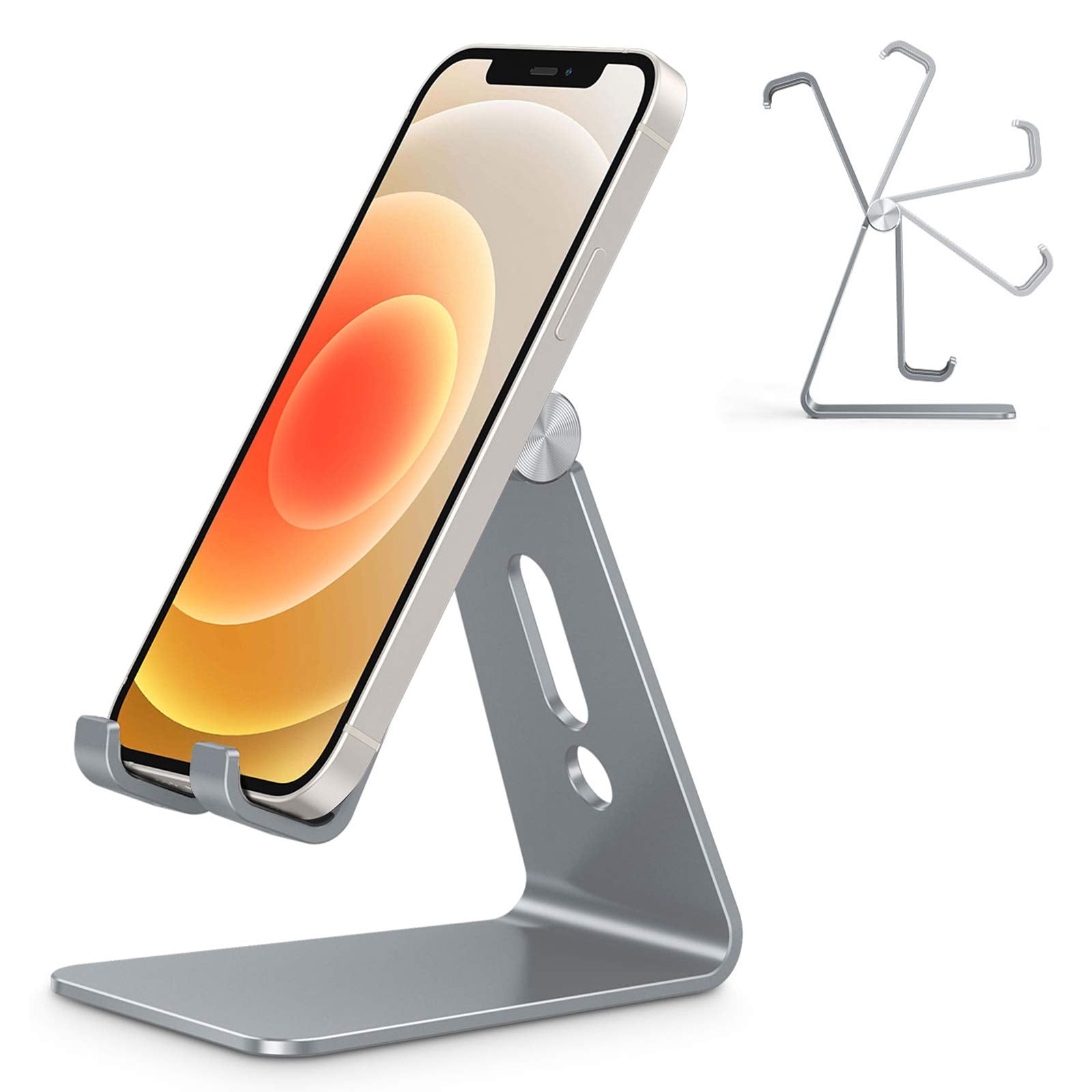 Adjustable Cell Phone Stand, OMOTON Aluminum Desktop Cellphone Stand with Anti-Slip Base and Convenient Charging Port, Fits All Smart Phones, Silver